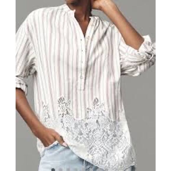 Pilcro striped lace hem popover tunic top white multicolor women’s XS - Picture 4 of 8